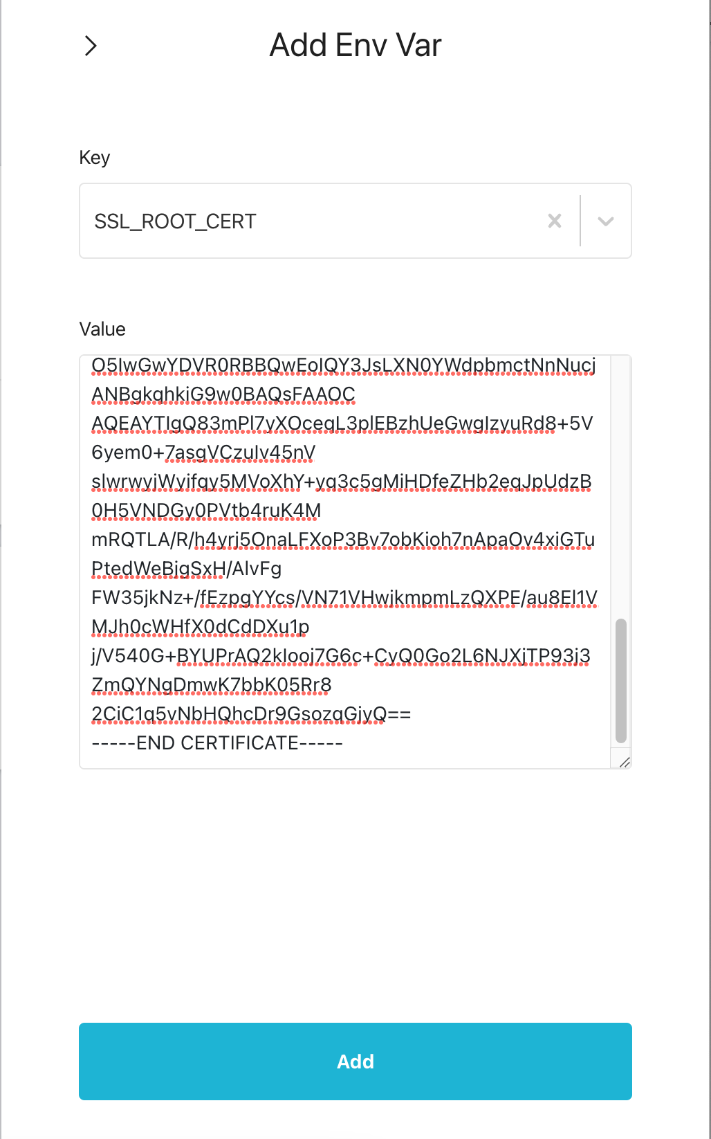 Adding the SSL_ROOT_CERT environment variable to the Hasura project